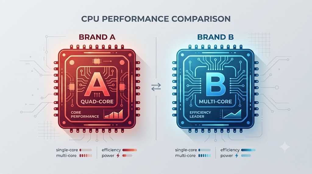 AMDとIntelのCPUを比較するイメージ