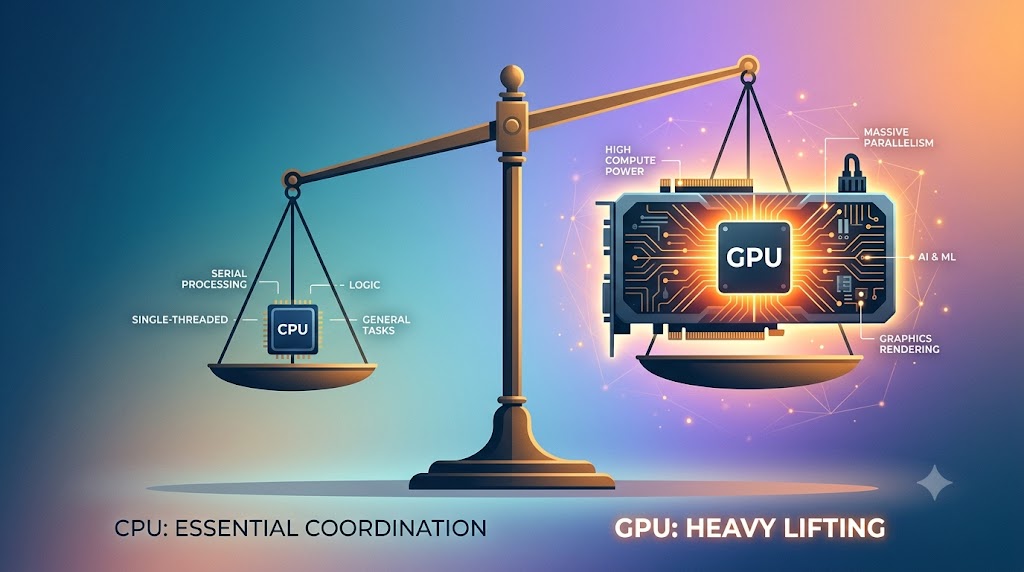 生成AI用パソコンのCPUとグラボの優先順位を示すイメージ