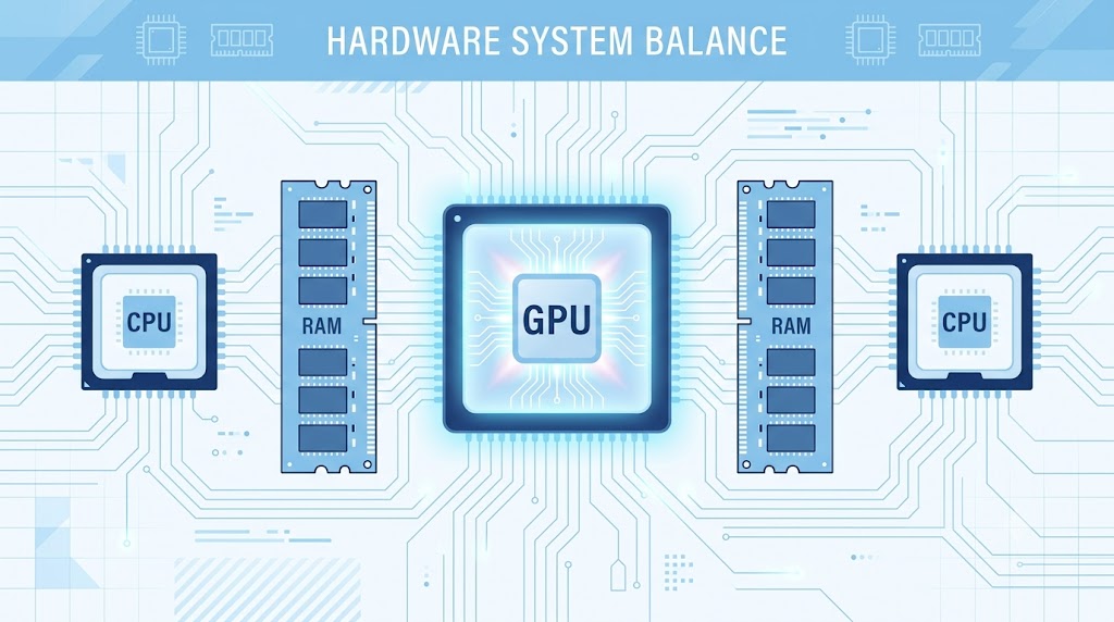生成AI向けパソコンのGPU・メモリ・CPUのイメージ