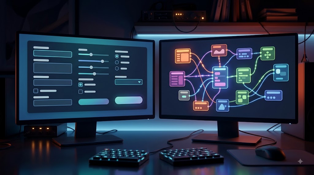フォーム型UIとノード式UIの画面比較のイメージ