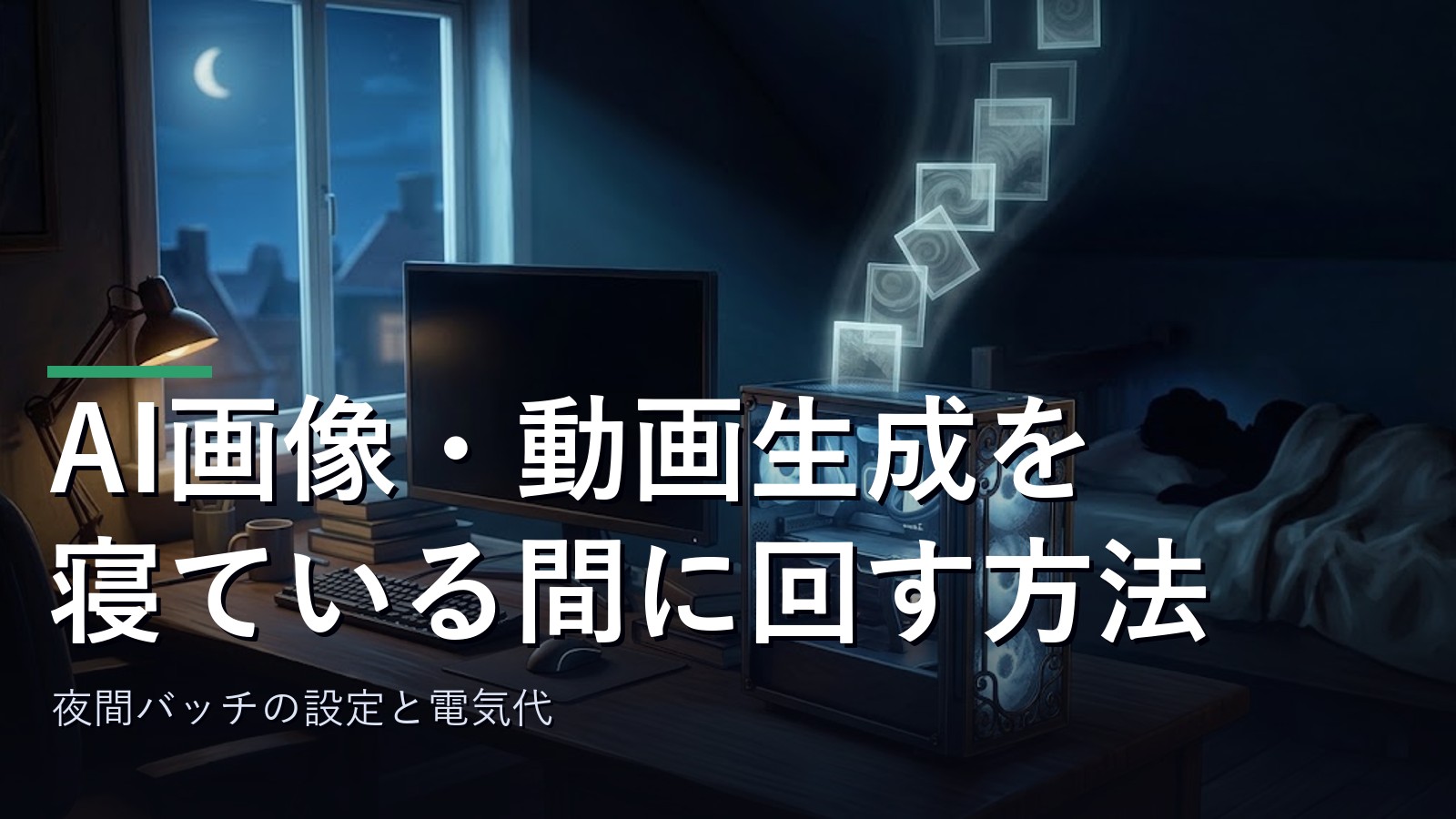 夜の作業部屋でパソコンがAI生成を回し続けているイメージ